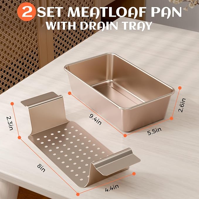 TLAZZ 2 Pack Meatloaf Pan with Drain Tray, Non Stick Meat Loaf Pan with Drip Tray, 9.4 x 5.5 Inch Loaf Pan for Baking Bread and Meatloaf, Gold