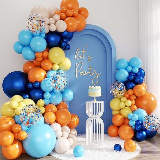 Blue Orange Balloon Garland Arch Kit, 143Pcs Navy Blue Yellow Sand White Confetti Balloons for Birthday Baby Shower Gender Reveal Decorations