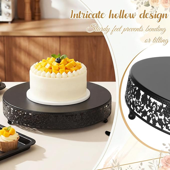 Wenqik 14 Inch Black Cake Stand Set Metal Round Cupcake Dessert Stand with Cake Cutting, Flower Spatula Wedding Cupcake Pastry Display Candy Holder Display for Wedding Party Birthday Baby Shower