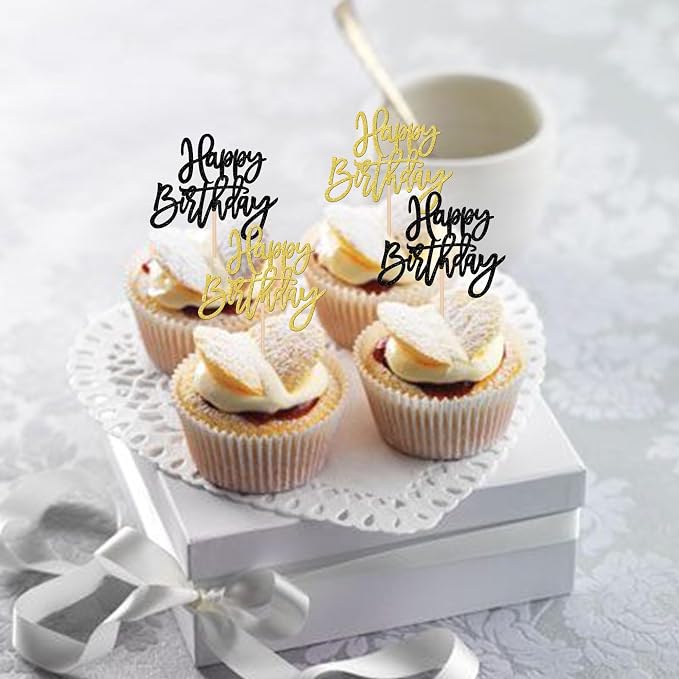 24 PCS Happy Birthday Cupcake Toppers Glitter Happy Birthday Cupcake Picks for Celebrating Anniversary Theme Party Cake Decorations Supplies Black Gold