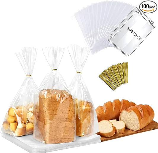 Reusable Bread Bags for Homemade Bread & Sandwich Bread ， 100 Pack Clear Plastic Storage Bags with Ties, Airtight Food Safe Design for Home Bakers and Bakeries（8"x4"x18"）