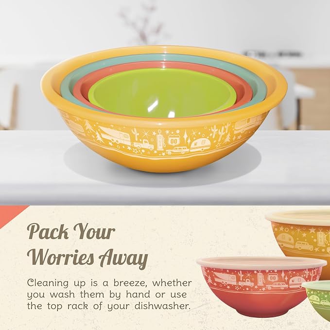 Camp Casual Melamine Bowls with Lids - 4 BPA Free Nesting Bowls with (New and Imporved) Lids Set for Indoor & Outdoor Dining - Sturdy, Lightweight, & Top Shelf Dishwasher Suitable Camping Bowl Set