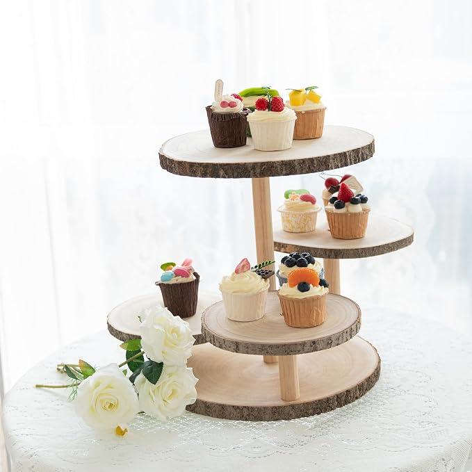 GENMOUS 4 Tiered Round Cake and Cupcake Stand Combo for Birthday Party Decor, Rustic Wooden Cupcake Tower Stands for 50 Cupcakes, Farmhouse Cupcake Tier Stand Display for Wedding Baby Shower Tea Party