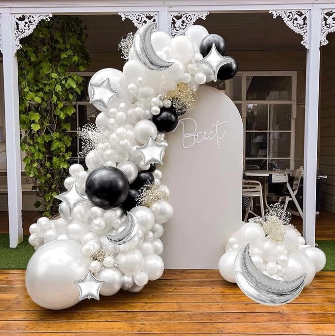 White Balloons Arch Double Stuffed Pearl White Star Moon Balloon Garland Different Sizes Cream Ivory Balloons for Birthday Baptism Bridal Baby Shower Christmas Wedding Prom Galaxy Party Decorations