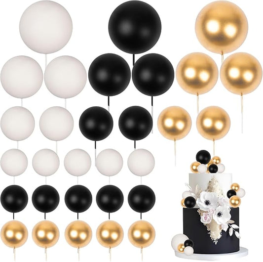30 PCS Balls Cake Topper DIY Cake Insert Toppers Ball Cake Picks Cupcake Topper for Birthday Party Baby Shower Wedding Cake Decoration(Black Gold White)