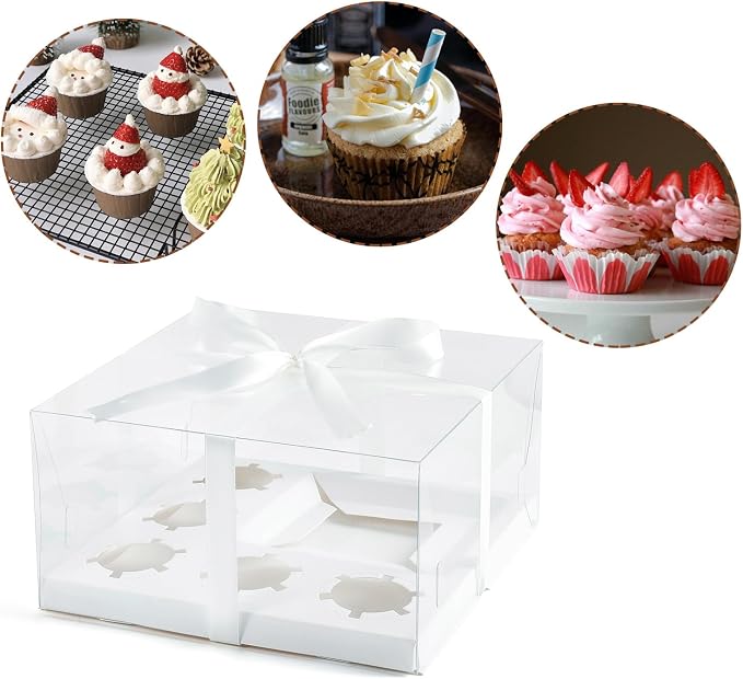 3Pcs Bento Cake Box and Cupcake 1+5 Combination Clear Window Bento Boxes, 6 Holes Bento Vake Box Suitable for 5 Regular Cupcakes and Mini Cakes