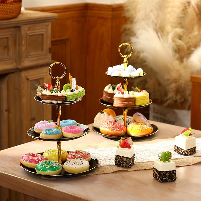 Teenyyou 8 Pack 3 Tier Cupcake Stand Bulk Tiered Dessert Stand Thick Plastic Serving Tray with Gold Edges Dessert Table Display Set Tea Cake Holder for Wedding Birthday Party(Black,Round)