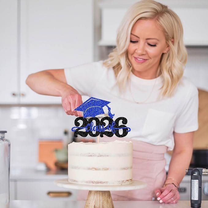 1 Pack Class of 2025 Cake Topper Glitter Congrats Grad Cap 2025 Graduation Cake Pick for 2025 Graduation Theme High School Boys Girls Graduate Party Cake Decorations Supplies Black Blue