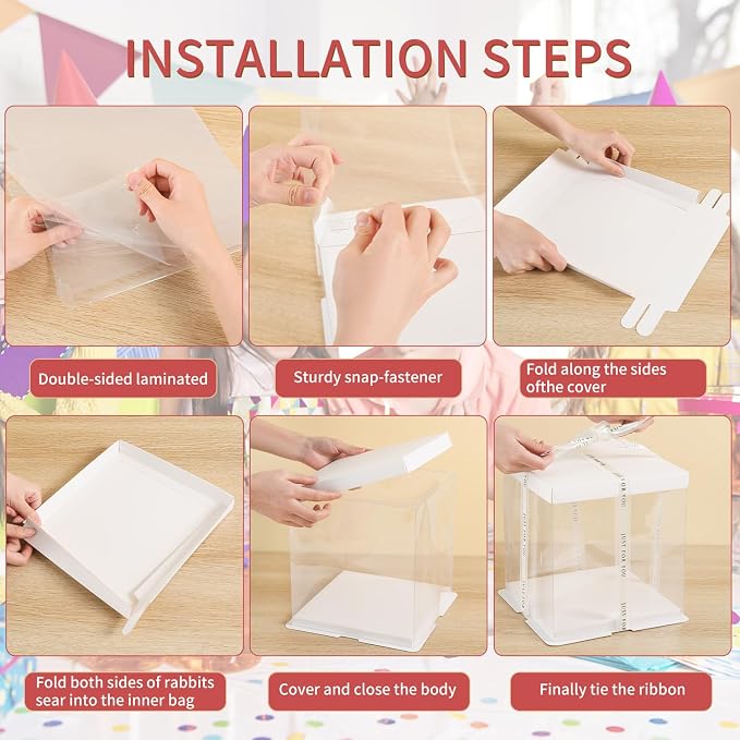 JCD 6Pcs Multi-Layer cake box，Large Cake PET Clear Box, 10" X 10" X 9" with ribbon and pre-folded lid, for 8" cake packing , baking cookie display, Carry Tall Layer box (White Lid, 10*10*9inch/6Pcs)