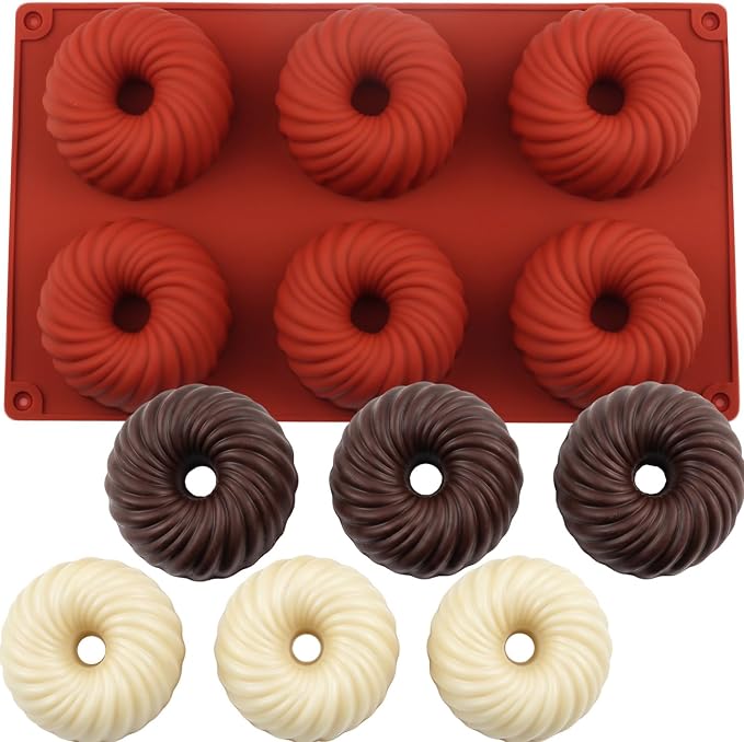 6 Cavity Swirl Donut Silicone Molds Ribbed Bundt Cake Mold For Baking Doughnut Muffin Cupcake Chocolate