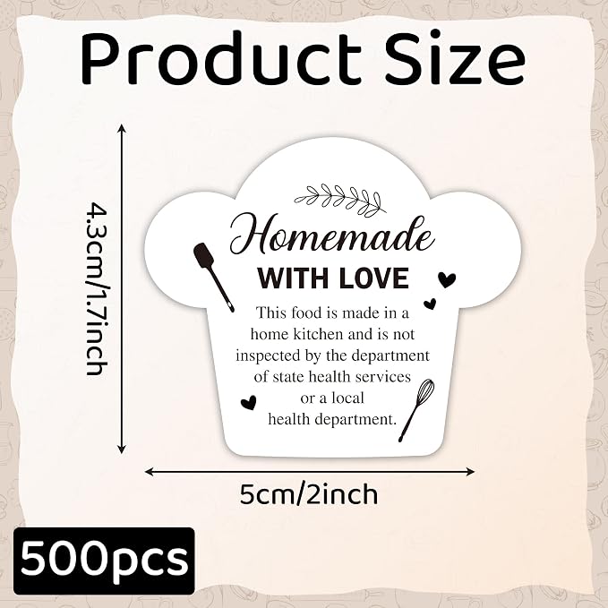 PANTIDE 500 Count Cottage Food Law Labels Sticker White Chef Hat Shaped | Homemade with Love, Waterproof Adhesive Decal Roll, Made in A Home Kitchen Inspection Statement, Food Packaging, 2 x 1.7 Inch