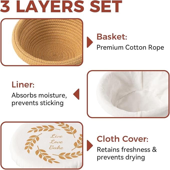 Banneton Bread Proofing Basket Set of 2, 9" Round Cotton Rope Proofing Baskets with Liners & Covers, Sourdough Bread Baking Supplies
