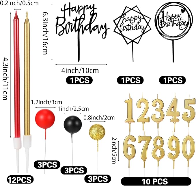 Yerliker 34 Pcs Happy Birthday Cake Toppers Decorations Birthday Candles DIY Cake Decor for Men Women Wedding Anniversary(Black Red Gold)