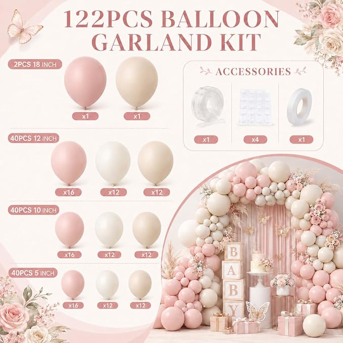 Dusty Pink Balloon Arch Kit, 122Pcs Dusty Pink Ivory Sand White Matte Balloons for Girls Boho Birthday Bridal Wedding Engagement Neutral Baby Shower Anniversary Party Decorations