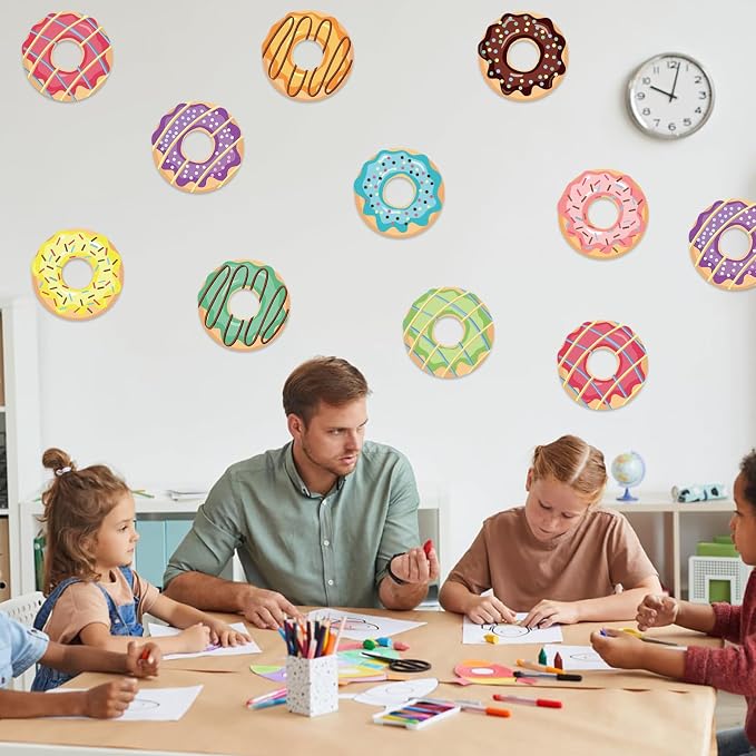 Vuzvuv 90Pcs 5In Doughnut Paper Cutouts with 180Pcs Glue Points,Doughnut Cut Outs Bulletin Board Decorations for Birthday Party Theme Decor Supplies
