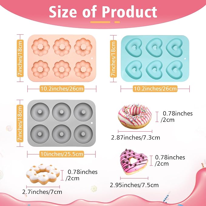 3 Pack Silicone Donut Pan, Non-stick Doughnut Molds for Baking, 6 Cavity Donut Maker Muffin Cupcake Bagel Making Tray (Gray, Pink, Blue)
