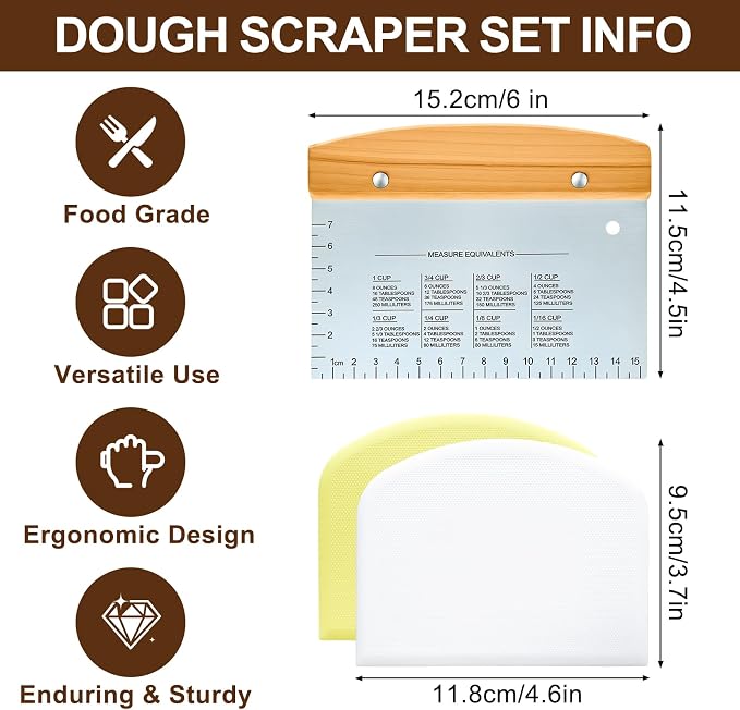 Versatile Bench Scraper with Wood Handle, Premium Stainless Steel Dough Scraper Cutter with 2 PCS Flexible Bowl Scraper for Pastry Bread Pizza, Kitchen Scraper Tool for Flat Top Griddle