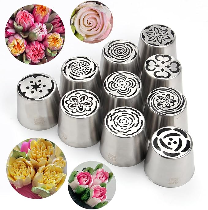 10 Pieces Extra Large Stainless Steel Seamless Russian Piping Tips Set,Flower Icing Nozzles with 1 Cleaning Brush,1 Reusable Pastry Bag for Making Marshmallows,Cupcakes Bouquet,Pastry Baking Tools