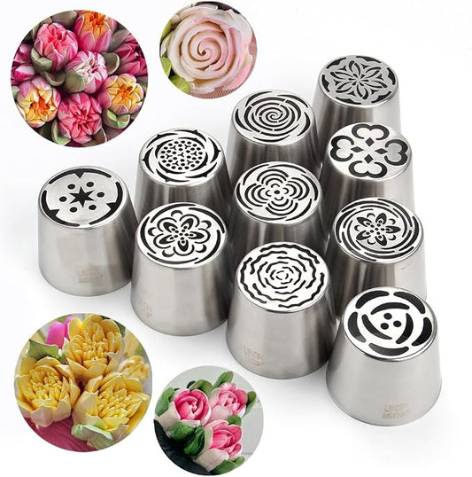 10 Pieces Extra Large Stainless Steel Seamless Russian Piping Tips Set,Flower Icing Nozzles with 1 Cleaning Brush,1 Reusable Pastry Bag for Making Marshmallows,Cupcakes Bouquet,Pastry Baking Tools