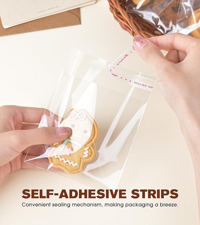 300 Pcs Cookie Bags with Seal, 4x4 Inches Self Sealing Cellophane Bags, Clear Cookie Bag Resealable Treat Bags for Packaging Cookies, Candy, Gifts, Favors, 3 Mils Individual Self Adhesive Wrappers