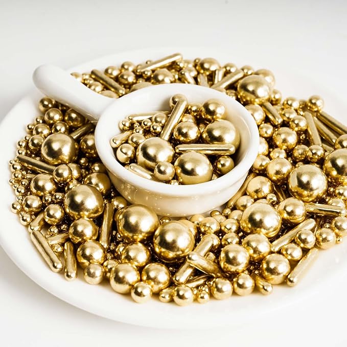 Kasvan Gold Pearl Sugar Sprinkles - Edible Candy Pearls 130g/4.58 Oz, Mix Size, Baking Cake Decorations, Ice Cream Toppings and Cookie Decorating, Wedding Party Chirstmas Supplies (Gold)