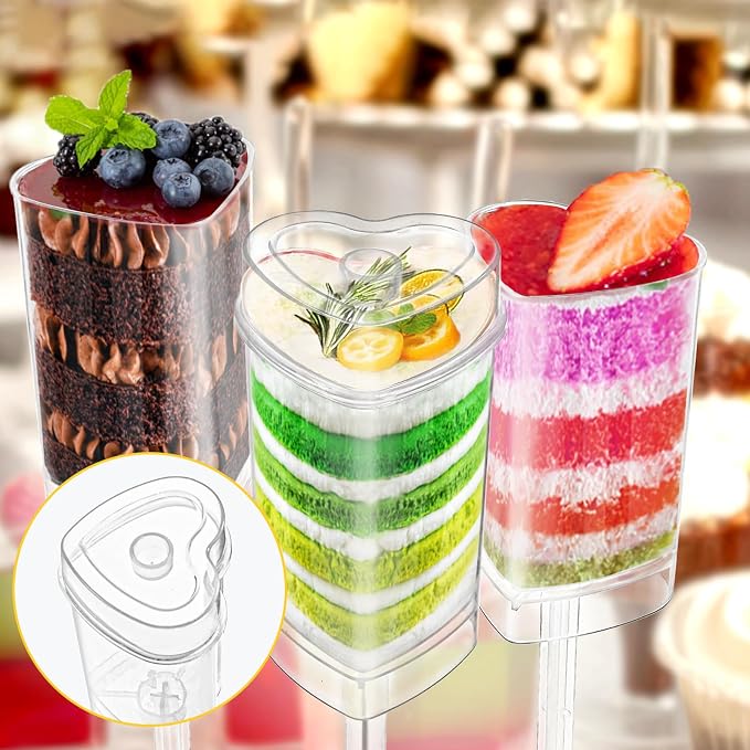 Jucoan 50 Pack Push Cake up Pop Containers, Heart Shape Plastic Cake Pop Shooter, Jelly Ice Cream Cupcake Push up Pop Containers with Lids for Wedding Birthday Baby Shower 4th of July Party