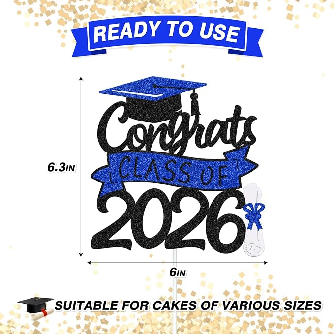 Congrats Class of 2026 Cake Topper Congrats Grad Cap Diploma Theme for High School Happy Graduation Party Supplies College Graduate Decoration (Black and Blue)