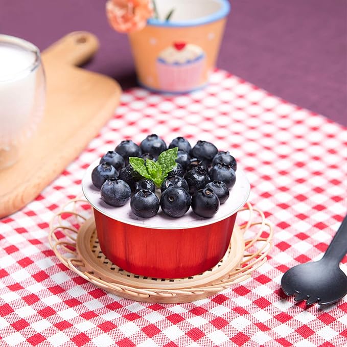 Beasea 8oz Disposable Ramekins, 100 Pack Aluminum Foil Cups with Lids, Baking Ramekin Cup Souffle Cup Muffin Cupcake Baking Cup Mini Pudding Cups for Party Wedding Birthday - Red