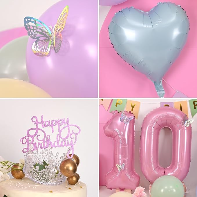 Pastel 10th Birthday Decorations for Girl,Macaron Rainbow 10th Party Decoration Colorful Balloons Banner Star Heart Number 10 Foil Balloon Cake Topper Butterfly Party Decorations