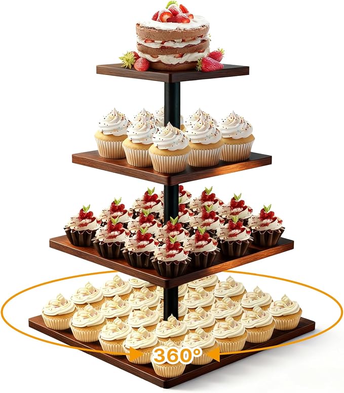 NANXITU 4 Tier Cupcake Stand for 50 Cupcakes,360 Rotatable Wooden Cake Dessert Tower Holder,Rustic Square Tiered Tray Serving Display for Wedding Birthday Baby Shower Tea Party