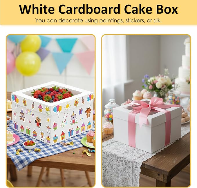 Moretoes 48pcs Cake Boxes 12x12x8 Inch with Cake Boards (24 Boxes & 24 Boards), Cake Carrier with Large Window, 12 Inch White, Bakery Containers Disposable Boxes for Birthday, Party, Cupcake Cookie