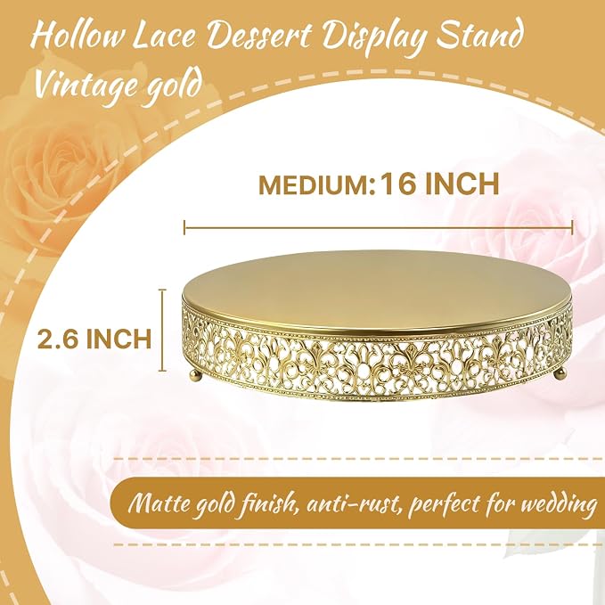 16 Inch Luxury Light Gold Cake Stand, Round Metal Dessert Display with Ornate Filigree Lace, Dual‑Coated Premium Finish for Wedding, Anniversary & Elegant Home Decor
