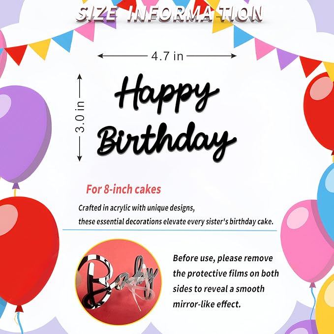 Happy Birthday Cake Topper, Black Acrylic Script Birthday Cake Decoration for Birthday Party, Cake Decor for Women Girls Dessert Table (happy birthday)