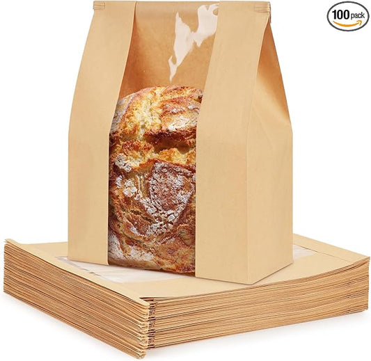 100 Pack Paper Bread Bags for Sourdough, Large Bread Bags with Tabs for Homemade Bread Round Sourdough Loaf Bags for Gifting (8.3x3.5×13 Inches) | Grease Resistant