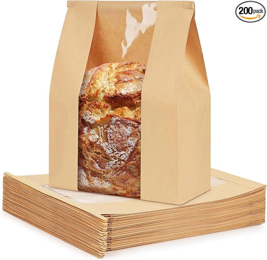 200 Pack Paper Bread Bags for Sourdough, Large Bread Bags with Tabs for Homemade Bread Round Sourdough Loaf Bags for Gifting (8.3x3.5×13 Inches) | Grease Resistant