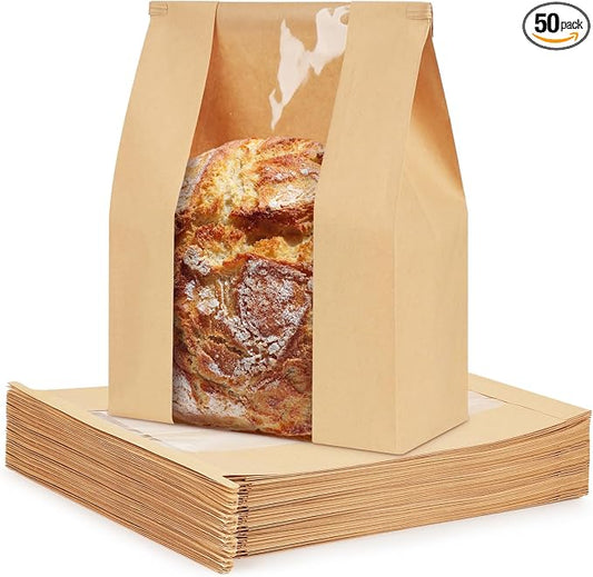 50 Pack Paper Bread Bags for Sourdough, Large Bread Bags with Tabs for Homemade Bread Round Sourdough Loaf Bags for Gifting (8.3x3.5×13 Inches) | Grease Resistant