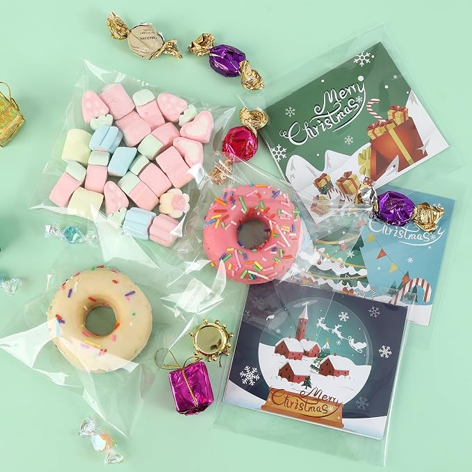 200 Pcs Resealable Cookie Bags, 4 X 4 Inch Self Sealing Cellophane Treat Bags Clear Plastic Bags, Good for Individual Cookies, Dessert,Decorative Wrappers, Party Favors, Candy and More