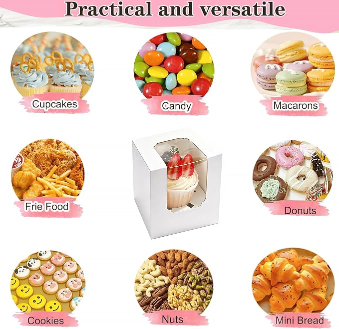 30 Pack Single Individual Cupcake Boxes with Window & Inserts, Auto Pop Up Stackable Food Grade Disposable Muffin Containers 3.5x3.5x3.5 Inch White To Go Bakery Party Favor Gift Boxes