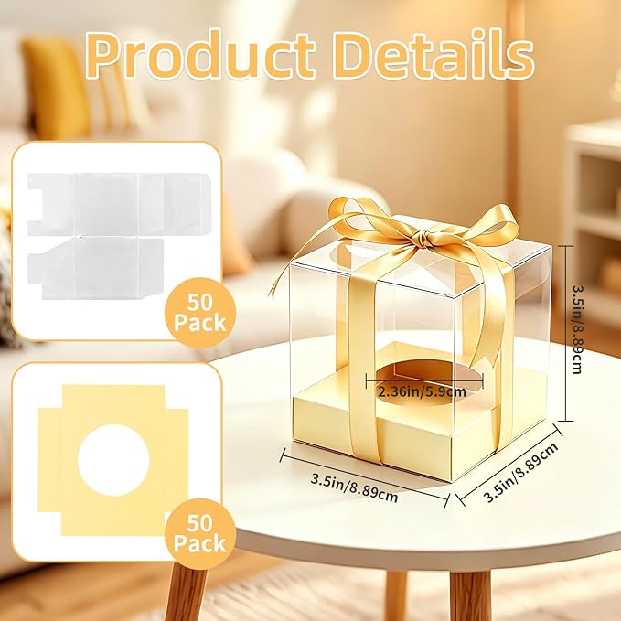 50 Pcs God Clear Plastic Cupcake Boxes, Individual 3.5 Inch Single Holder Containers with Insert and Ribbon, Paper Base for Wedding, Birthday, Party Favor Gift