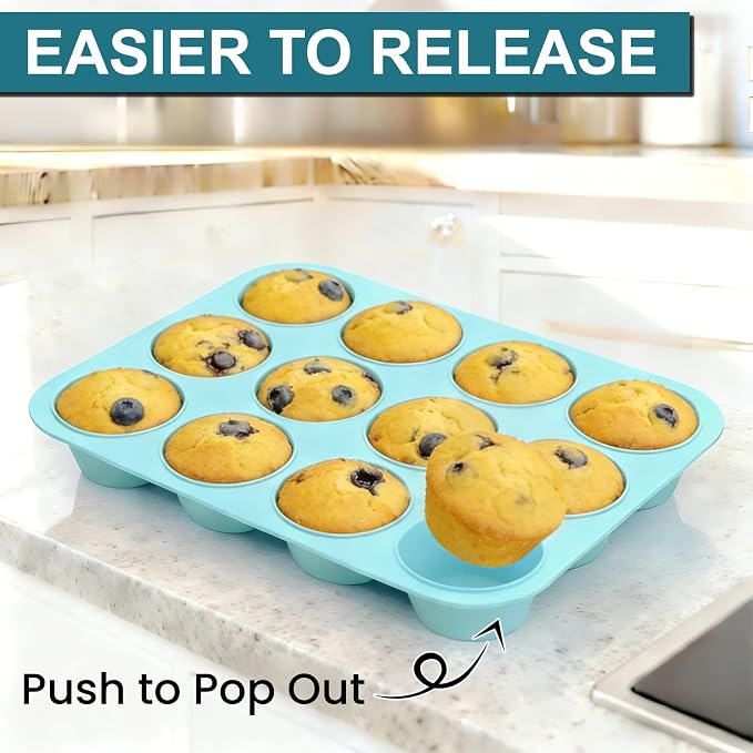 CAKETIME Silicone Muffin Pan, Regular Size 12 Cups Non Stick Cupcake Pan for Baking, Light Blue
