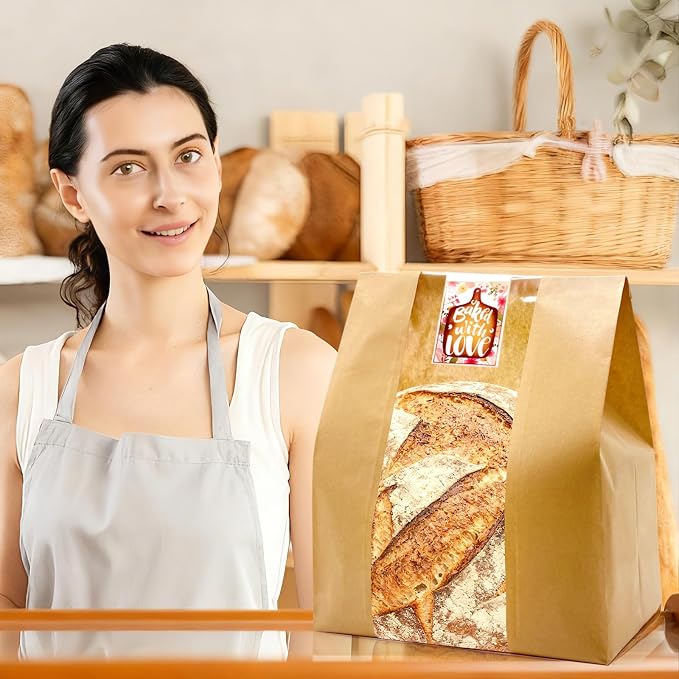15.7x10.2x5.1in Extra Large Paper Bread Bags for Homemade Bread with Window&Sticker for Supersized Sourdough Bread, Oversized Bread Loaf, Baked Goods, Packaging for Gifting-Brown Kraft 50Pcs