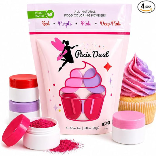 All-Natural Food Coloring Powder Set - Red, Pink, Deep Pink, & Purple. | Perfect for spring cake decorating, cookie Frosting, Icing & Drinks | Dye-Free, Plant-Based, Kosher, Flavorless | No Carmine, No Annatto, No Propylene Glycol | By Pixie Dust | Med...