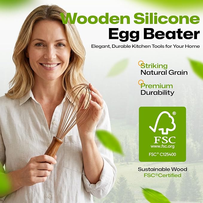 AIUHI Silicone Whisk with Wood Handle, 11.2" Balloon Egg Beater, Lightweight Kitchen Whisk for Blending Batter, Cream & Sauces