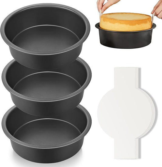 HONGBAKE 8 Inch Round Cake Pan Set for Baking with 100 Pieces Parchment Paper, Nonstick Deeper Circle Cake Pans with Wider Grips, 3 Pieces Layer Cake Tin, Cheesecake Mold, Huty Duty - Grey