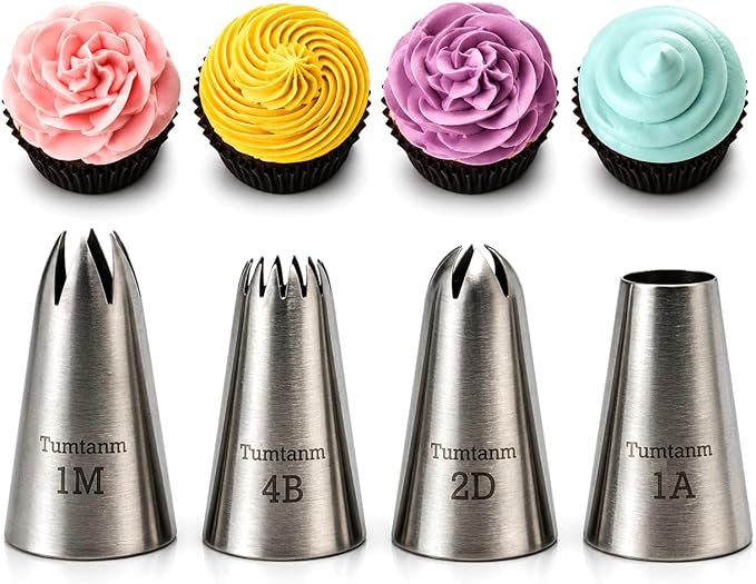 Professional Large Piping Nozzles, 4pcs Stainless Steel Seamless Icing Piping Nozzle Tip Set for Cakes, Cupcakes and Baking