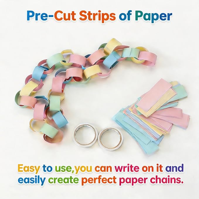 Macaron Pastel Paper Chain & Mirror Star Garland Kit with Double-Sided Tape, Pre-Cut 10 Colors Strips. Ideal for Birthday, Baby Shower, Wedding & Party Decor. (500, 2 x 8.27 Inches)