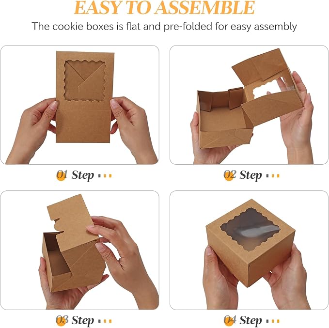 COTOPHER Auto Pop Up Cookie Box with Window 4x4x2.5 Inches – 50 Pack Brown Bakery Boxes with Ribbon for Birthday Party Favors, Wedding, Christmas Gift Packaging for Cookies, Candy, Macarons