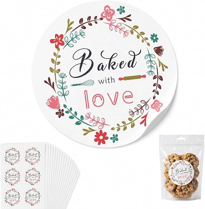 Baked with Love Bakery Sticker Seals: 120 PCS 1.6 Inch Round Matte Paper Stickers for Cookie Bags, Treat Bags, Bakery Boxes and Homemade Baked Goods Packaging