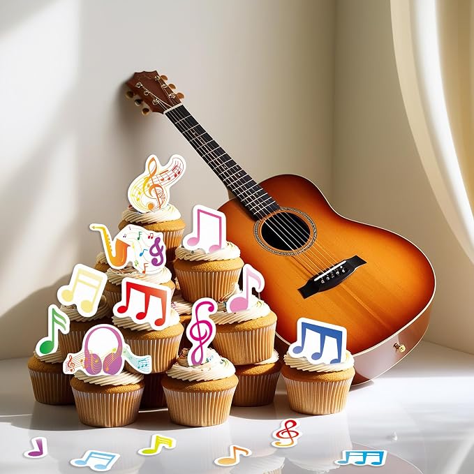 64PCS Edible Musical Notes Cupcake Toppers Wafer Paper Colorful Music Symbol Cake Picks Music Concert Cake Topper Edible Musical Cupcake Picks for Concert Theme Party Decor