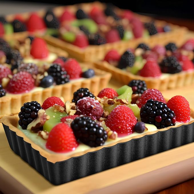 Tessco for You 16 Pcs Mini Tart Pans for Baking, 4.3 x 2.4 Inch Quiche Pans with Removable Bottom, Nonstick Egg Tart Molds Fluted Side Bakeware for Pie Fruit Tarts Cheesecake Dessert (Black Rectangle)